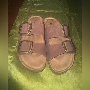 Double-Buckle Suede Slide Sandals — Mauve